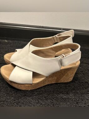 Clarks White Leather Cork Wedge Slingback Sandals